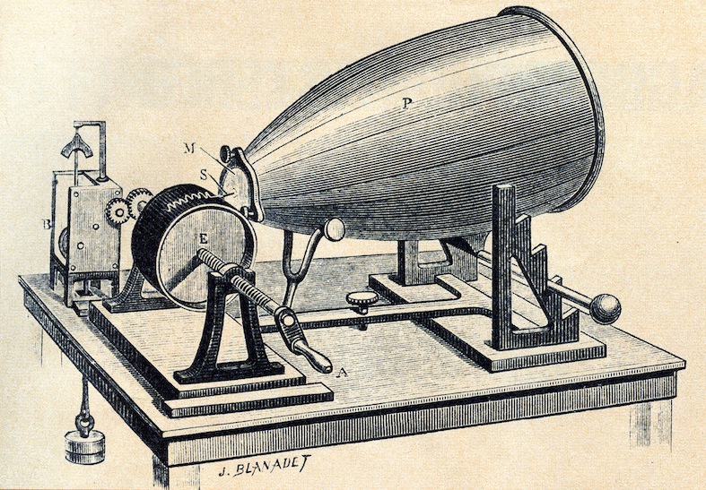 Le phonotaugraphe, dispositif de Léon Scott de Martinville permettant d’enregistrer du son (sans pouvoir le reproduire) sur un cylindre enduit de noir de fumée
